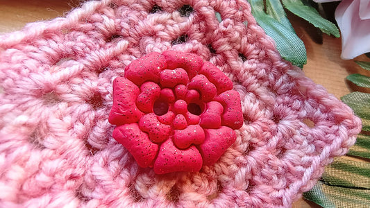Set of 4 Handmade Rose Buttons (28mm) – Red Glitter Polymer Clay Buttons for Knitting & Crocheting