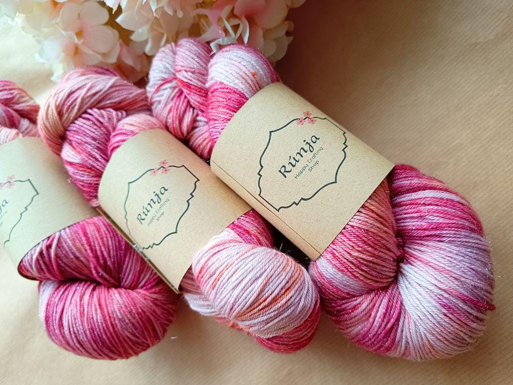 Morning Glory - Hand Dyed | Pink, white with notes of orange. Sparkling Merino Wool Blend | Unique Sparkling Hand Dyed Yarn 100g 