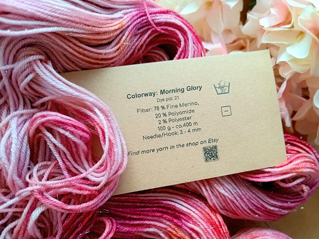 Morning Glory - Hand Dyed | Pink, white with notes of orange. Sparkling Merino Wool Blend | Unique Sparkling Hand Dyed Yarn 100g 