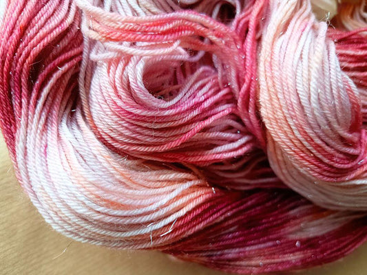 Morning Glory - Hand Dyed | Pink, white with notes of orange. Sparkling Merino Wool Blend | Unique Sparkling Hand Dyed Yarn 100g 
