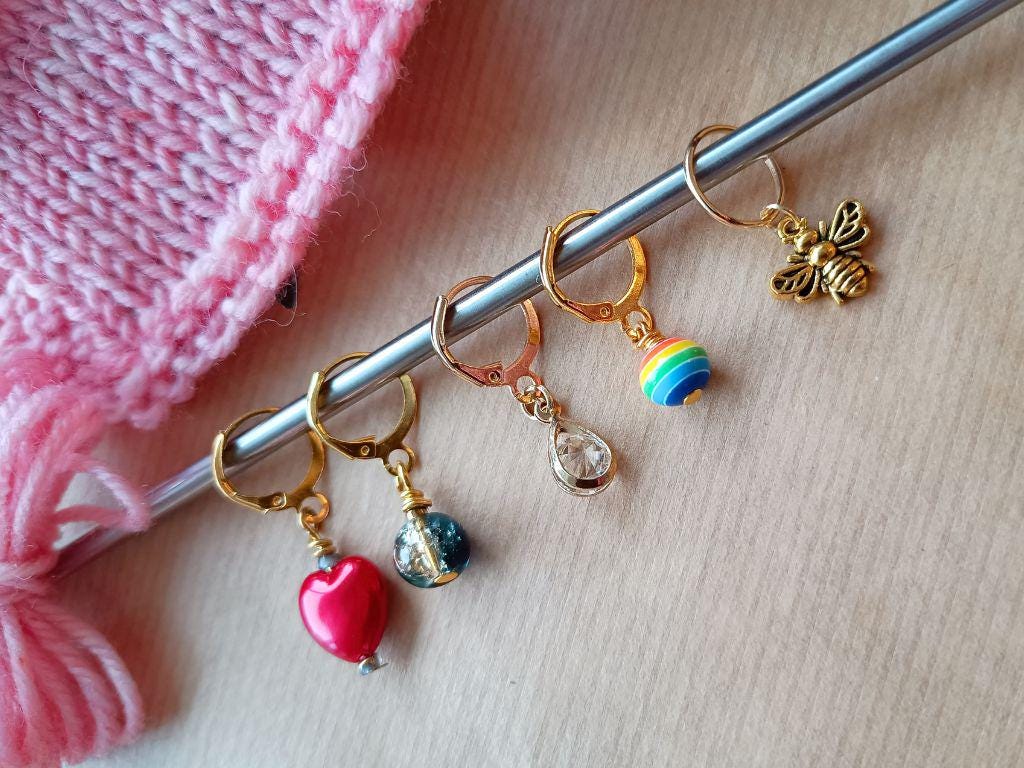 Stitch marker set of 5 with pendants and beads for knitting and crochet projects.
