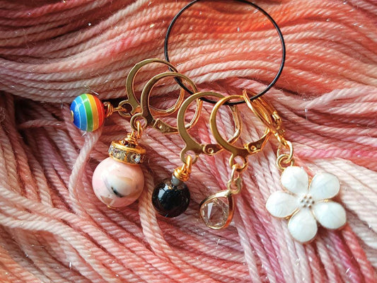Unique handmade stitch markers for knitting and crochet projects. - Colorful, elegant set of 5 - Knitting accessories