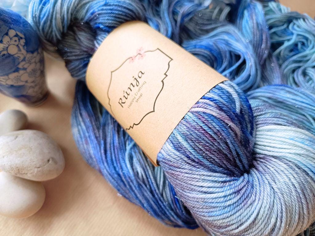 Run away - Hand Dyed Glitter Fingering Sock Yarn | Blue, teal with hints of purple. Glittery Merino Wool Blend | Unique Glittery Hand Dyed Yarn - 100g 