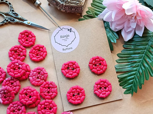 Set of 4 Handmade Rose Buttons (28mm) – Red Glitter Polymer Clay Buttons for Knitting & Crocheting