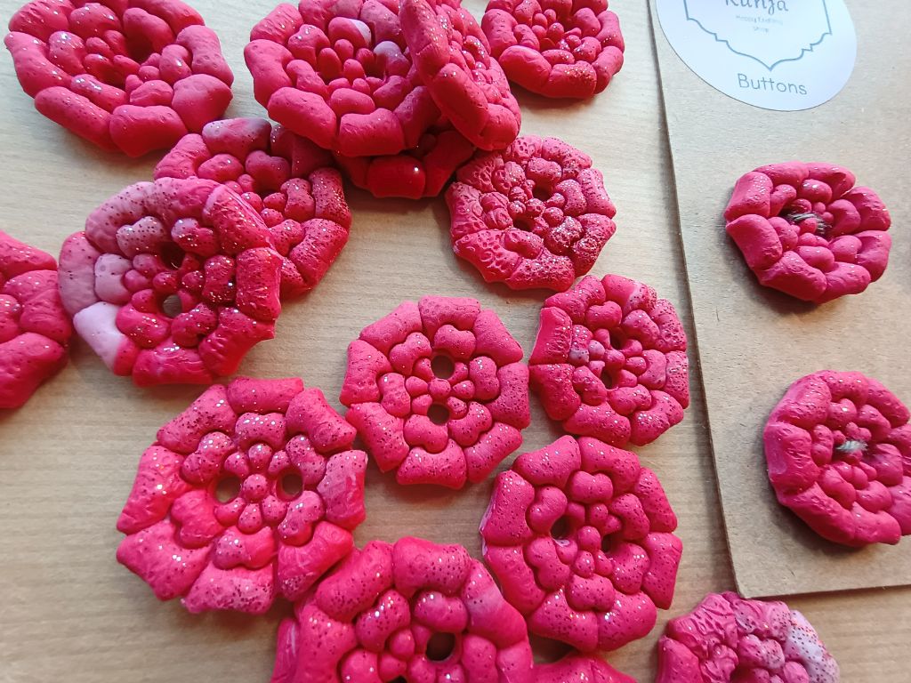 Set of 4 Handmade Rose Buttons (28mm) – Red Glitter Polymer Clay Buttons for Knitting & Crocheting
