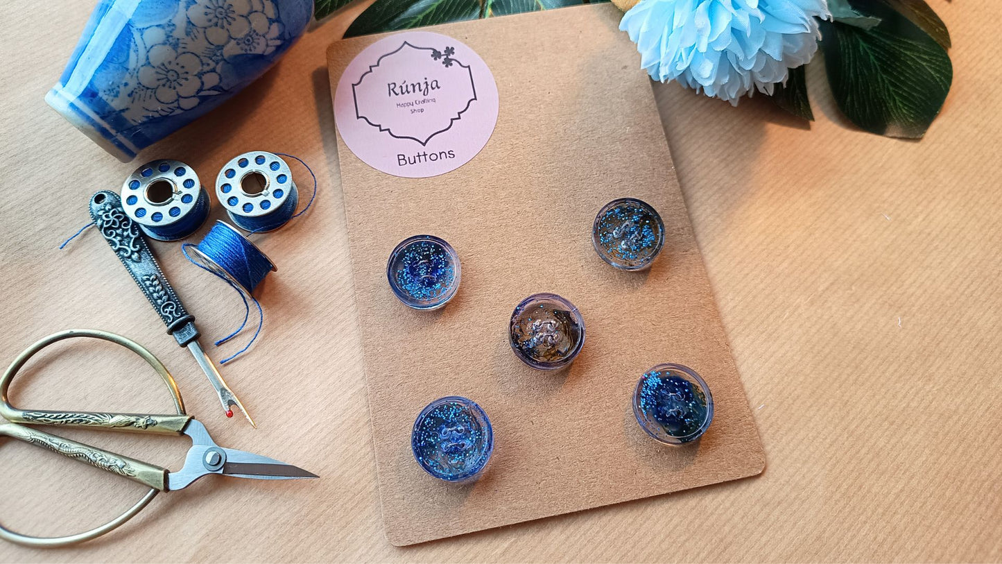 Handmade Resin Buttons with Blue Glitter and Alternating Blue/Green Shades – 20 mm - set of 5 buttons