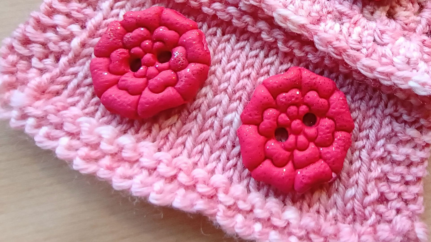 Set of 4 Handmade Rose Buttons (28mm) – Red Glitter Polymer Clay Buttons for Knitting & Crocheting