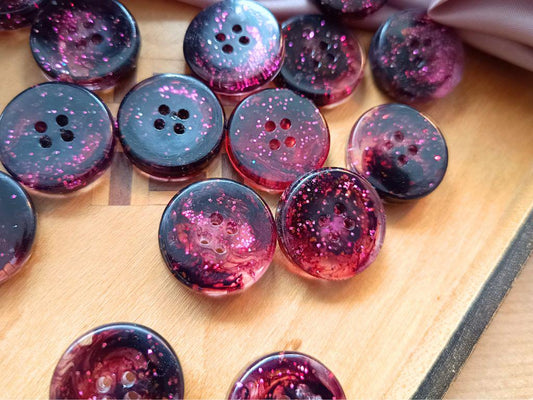 Handmade buttons for sewing, knitting or crocheting projects. Set of 5 buttons. Approx. 20 mm in diameter. Dark brown with pink glitter. Resin